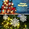 A collage of two images showing Christmas tree decorations, specifically snowflake ornaments, with text overlay. Produktbild-Vorschau