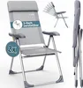A collage of images showing a gray folding chair from different angles, including a folded view and a view highlighting its adjustable backrest.