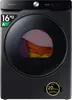 A front view of a black Samsung washing machine with laundry inside the drum. Produktbild-Vorschau