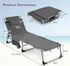 A diagram showing the dimensions of a folded and unfolded gray lounge chair, set against a beach background. Náhled obrázku produktu