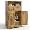 A wooden cabinet with two doors and two drawers, displaying toiletries and towels. Produktbild-Vorschau
