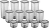 A collection of clear plastic food storage containers with gray lids, arranged in rows. Produktbild-Vorschau