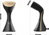 Two views of a black fabric steamer with dimensions indicated by text and lines. Podgląd zdjęcia produktu