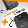 A close-up marketing image of a solar power bank, highlighting its carabiner and compass features. Produktbild-Vorschau