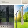 A collage showing a closed umbrella cover in the rain on the left, and an open umbrella in a sunny garden on the right. There are also small icons and text overlays. Produktbild-Vorschau