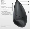 An image of a vertical mouse with numbered callouts pointing to different buttons and features, accompanied by descriptive text in German. Produktbild-Vorschau