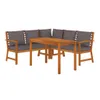 A wooden garden dining set with gray cushions is shown against a white background. Produktbild-Vorschau