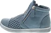 A side view of a blue leather ankle boot with perforations and a zipper. Produktbild-Vorschau