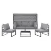 A grey outdoor lounge set with a sofa and two chairs, arranged around a coffee table, on a white background. Produktbild-Vorschau