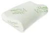 A white orthopedic pillow with green text and bamboo leaf graphics. Produktbild-Vorschau