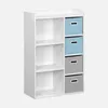 A white shelving unit with blue and gray storage boxes. Produktbild-Vorschau