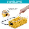 A hand is shown scooping pasta from a clear storage container, with a label that says 'pasta' on the front. Produktbild-Vorschau