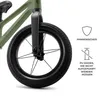 Close-up of a green balance bike wheel and fork, with marketing icons and text on the right. Produktbild-Vorschau