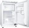 An open white refrigerator with shelves and a freezer compartment. Produktbild-Vorschau