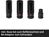 Four black socket wrenches and a bit adapter are displayed against a white background. Text below describes them as a socket set for tire changes and a bit adapter for screwing. Produktbild-Vorschau