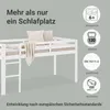 A white loft bed with pillows and a blanket, surrounded by marketing icons and text. Produktbild-Vorschau