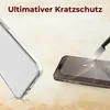 A clear phone case and a smartphone with a screen protector being tested with a knife. Produktbild-Vorschau