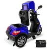 A blue electric scooter with its storage compartments open, shown against a white background. A separate battery pack is visible in the lower right corner. Produktbild-Vorschau