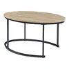 A modern oval coffee table with a light wood top and black metal legs, presented against a white background. Produktbild-Vorschau