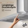 A hand is shown pressing buttons on a silver range hood, with text overlays highlighting product features. Produktbild-Vorschau