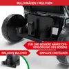 A close-up view of a lawnmower's wheel and mulching attachment, with marketing text overlays. Produktbild-Vorschau
