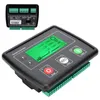 A black genset controller with a green LCD screen and various buttons, shown from a slightly elevated diagonal angle. A smaller inset image shows the back of a similar controller with its connection terminals. Náhled obrázku produktu
