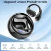 A pair of black wireless earbuds and their charging case are displayed against a light blue and white gradient background. The charging case has a digital display showing '100'. Below the earbuds, there are icons and text describing product features. Produktbild-Vorschau