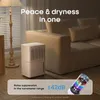 A dehumidifier is shown in a living room setting next to a sofa, with text overlays highlighting its features. Podgląd zdjęcia produktu