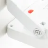 A close-up view of a white solar outdoor wall light, showing a red button and a pivot mechanism. Produktbild-Vorschau