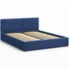 A blue upholstered bed frame with a slatted base, shown against a white background. Produktbild-Vorschau