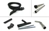 A collage of vacuum cleaner attachments, including a hose, crevice tool, brush, squeegee, and extension tubes. Voir les images du produit