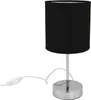 A black fabric lampshade table lamp with a silver base and stem, shown on a white background. Produktbild-Vorschau