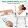 A woman is taking a bath while a shower chair is shown with height adjustment details. Podgląd zdjęcia produktu