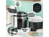 A digital rice cooker and steamer is displayed with close-up shots highlighting its features. Produktbild-Vorschau