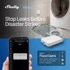 A Shelly Flood Gen4 water leak detector is shown in a lifestyle setting with a phone displaying an alert, and a product description box. Podgląd zdjęcia produktu