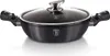 A studio shot of a black pot with a glass lid and silver handles, placed on a white surface. Produktbild-Vorschau