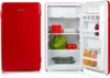 A red retro-style refrigerator is shown open, displaying food items inside. Voir les images du produit