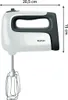 A white and dark gray hand mixer with its beaters attached, shown from a side angle. Dimensions are indicated with lines and text. Produktbild-Vorschau