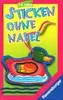 The image shows the packaging for a Ravensburger "Sticken ohne Nadel" (Stitching without a needle) craft kit for children aged 3-6 years. The packaging features a colorful illustration of a duck being stitched with yarn, along with the product title and ag Produktbild-Vorschau