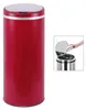 A red automatic kitchen trash can with a silver lid and trim, shown in a studio setting. An inset image shows a hand placing an item into the trash can. Produktbild-Vorschau