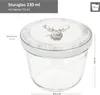 A glass jar with a lid featuring a deer illustration, along with measurement indicators. Podgląd zdjęcia produktu