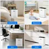 A collage of four images showing an air purifier in different settings: a bedroom, a nursery, an office, and a kitchen. Produktbild-Vorschau