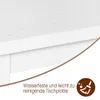 A close-up of a white tabletop with water droplets, indicating it is waterproof and easy to clean. A small icon of a broom is also present. Produktbild-Vorschau