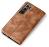 A brown leather flip case for a smartphone is shown against a white background. Produktbild-Vorschau