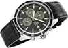 A close-up studio shot of a men's wristwatch with a black leather strap and a black dial. Produktbild-Vorschau