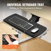 A keyboard tray attached to a desk, with a keyboard and mouse on it. An inset image shows hands using a keyboard with a wrist rest. Produktbild-Vorschau