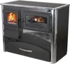 A black and silver wood-burning stove with a glass door showing a roasted chicken inside and another glass door showing burning wood. Produktbild-Vorschau