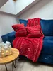 A red blanket and two pillows with a white pattern are arranged on a blue sofa. A small round wooden table with a glass jar filled with fairy lights sits in the foreground. Produktbild-Vorschau