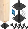 A wooden post is shown attached to a metal adjustable post base, with additional post bases and screws displayed separately. Produktbild-Vorschau