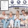 A family is sitting on a couch and clapping, with marketing graphics above them. Produktbild-Vorschau